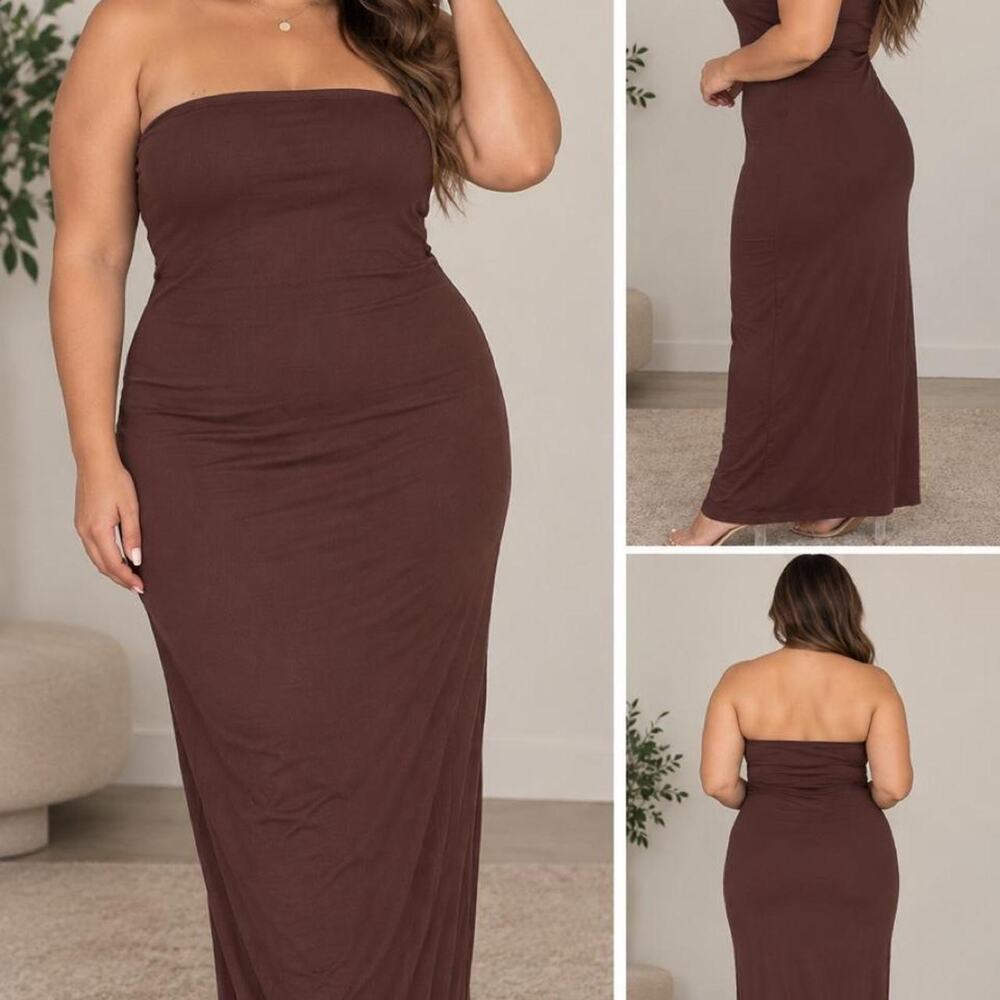 Brown strapless maxi dress a